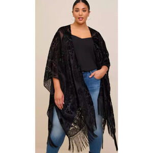 NEW Torrid Black Velvet Fringe Open Front Cardigan Wrap Vest womens one size